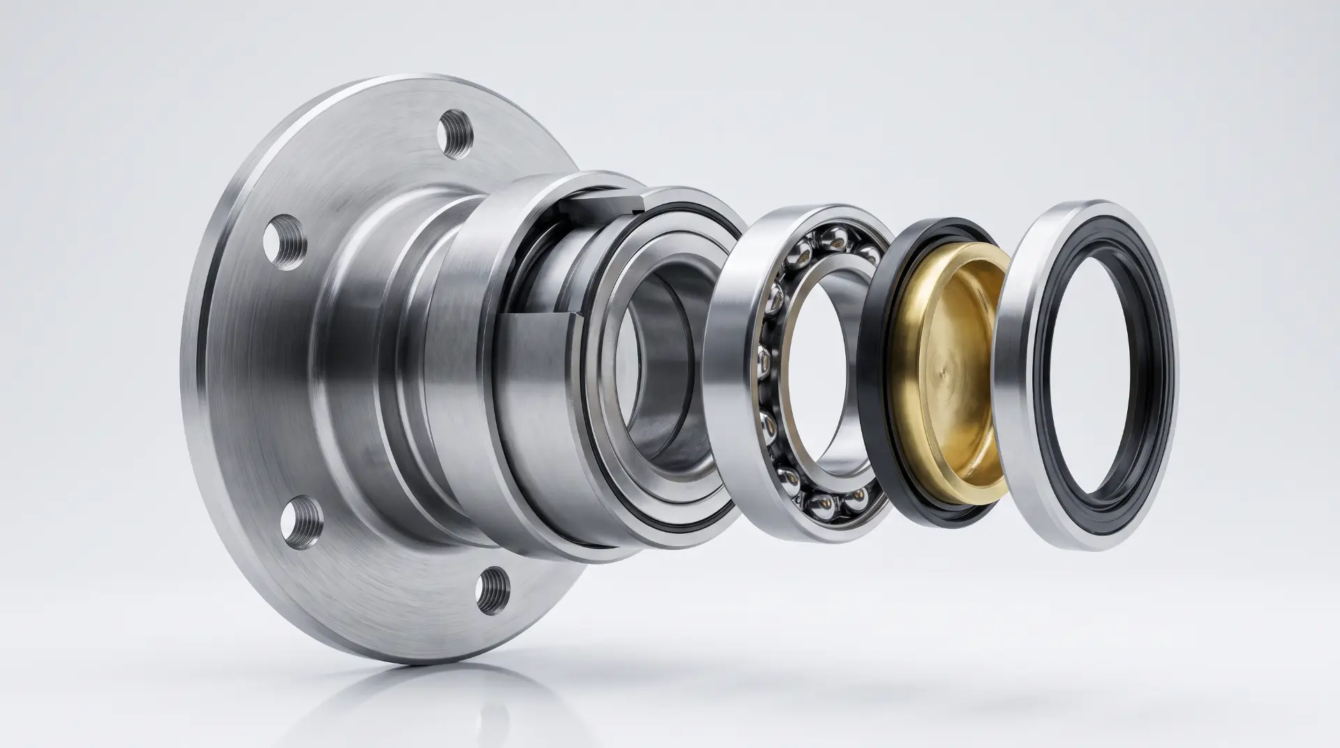 Exploded view of a commercial vehicle hub bearing assembly showing flange, bearings, seal and spacer