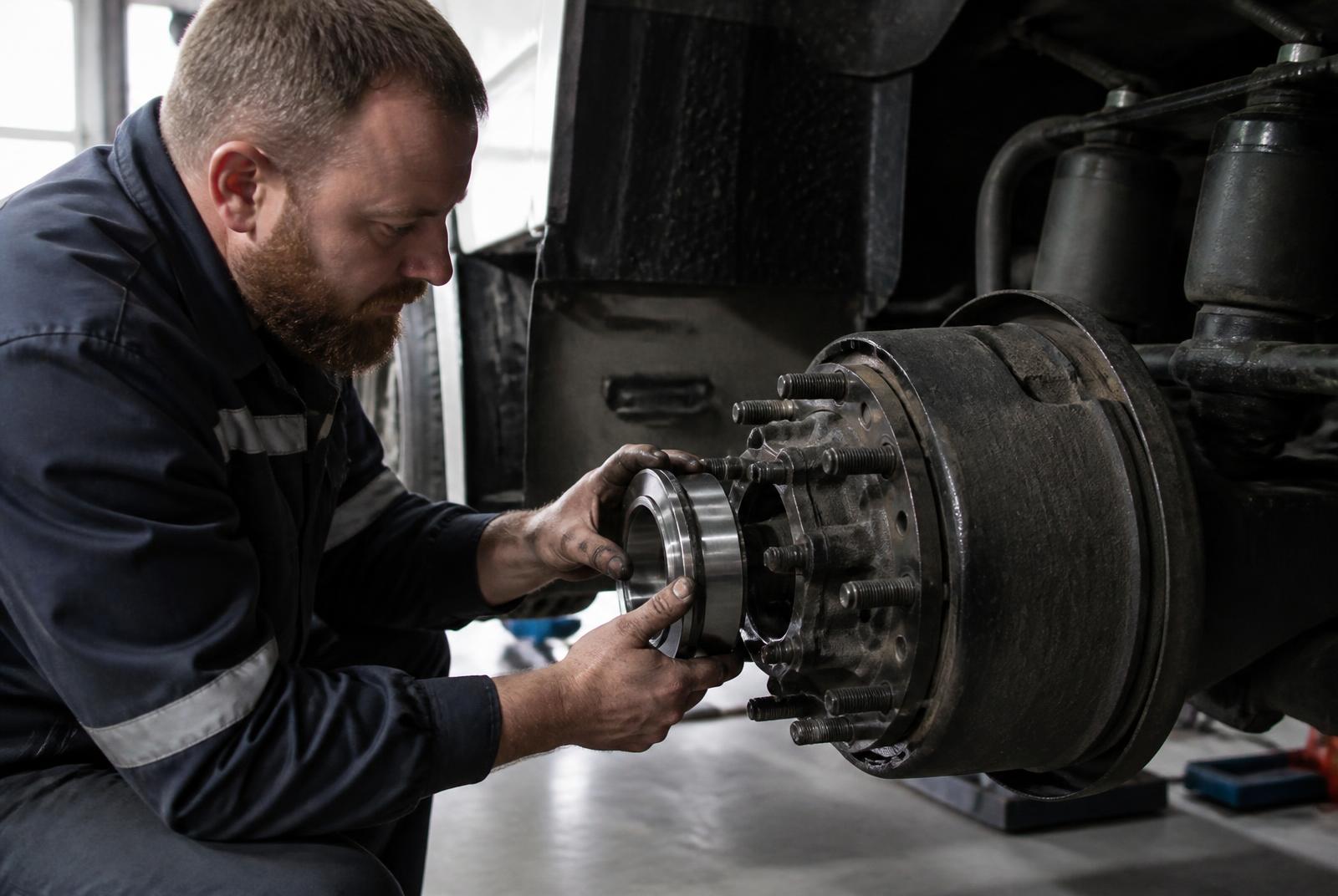 Technician fitting a hub bearing to a commercial truck wheel end